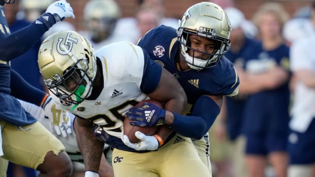 Running back Antonio Martin tackled in 2022 Georgia Tech Spring Game by defensive back Kenan Johnson